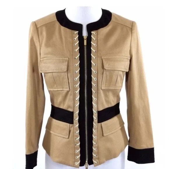 Etcetera Tan Black Gold Metallic Cord Jacket Size 4 Zipper Front Stitchi… - Picture 1 of 4